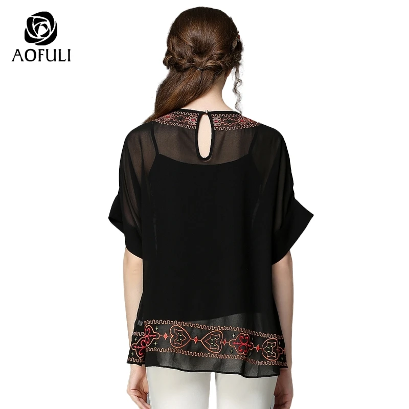 Женские шифоновые блузки AOFULI большие размеры XL/XXL с коротким рукавом черного