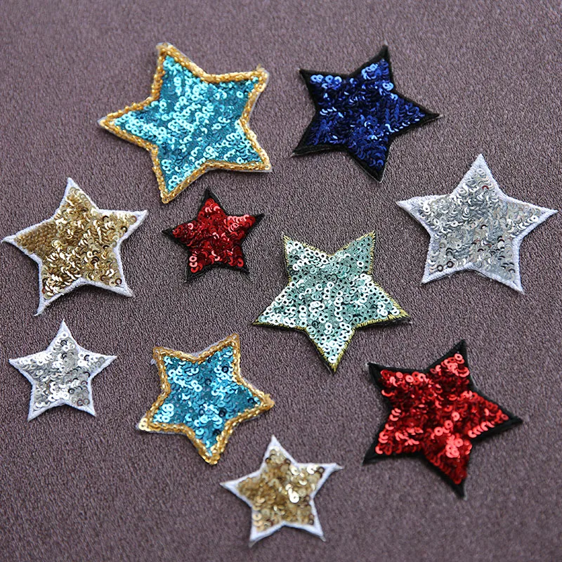 

New Shiny Gold Silver Red Five-pointed Star Embroidery Sequin Patches for Clothing Iron-on Clothes Applique Badge Stripe Sticker