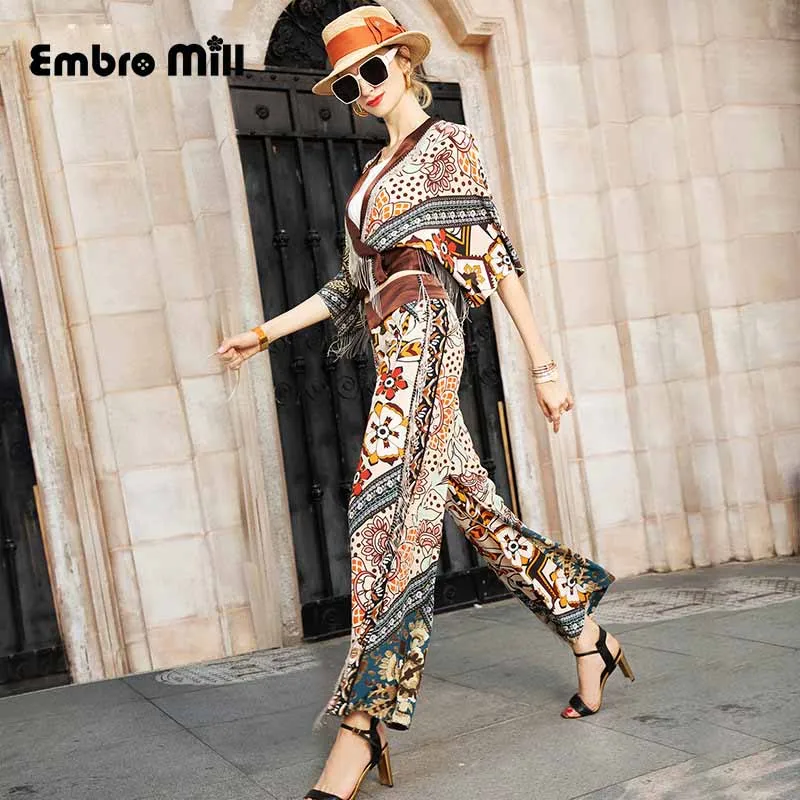 

The New summer Street style Silk printing splice tassel coat+Wide leg pants 2 piece set women S-XL
