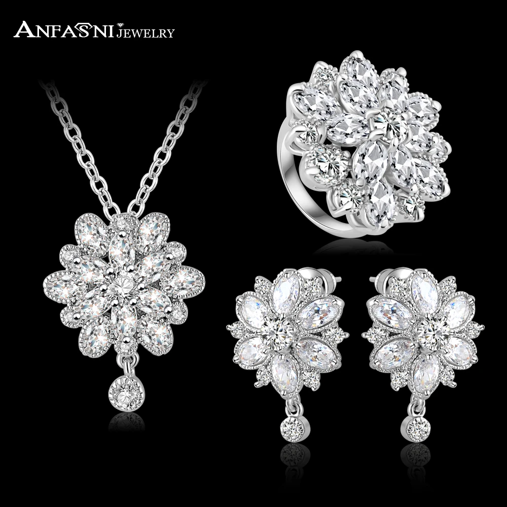 

ANFASNI Flower Wedding/Engagement Women Jewelry Sets AAA Cubic Zirconia Necklace/Earring/Ring 3 Pcs Jewelry Sets CST0038-B
