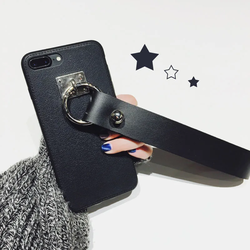 

Cool Plain Black Soft PU Leather Case with Metal Wrist Strap for iPhone X Xs XR XS MAX 7 8 PLUS 6 6S 6S PLUS TPU Cover with Grip