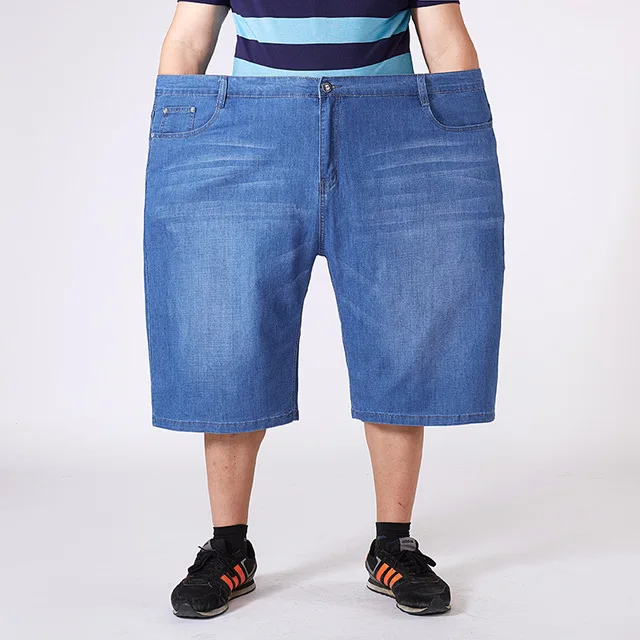 Летние шорты большого размера 56 54 52 50 размеры 160 кг бизнес повседневное для мужчин's Высокая талия стрейч джинсовые укороченные шорты - Цвет: Синий