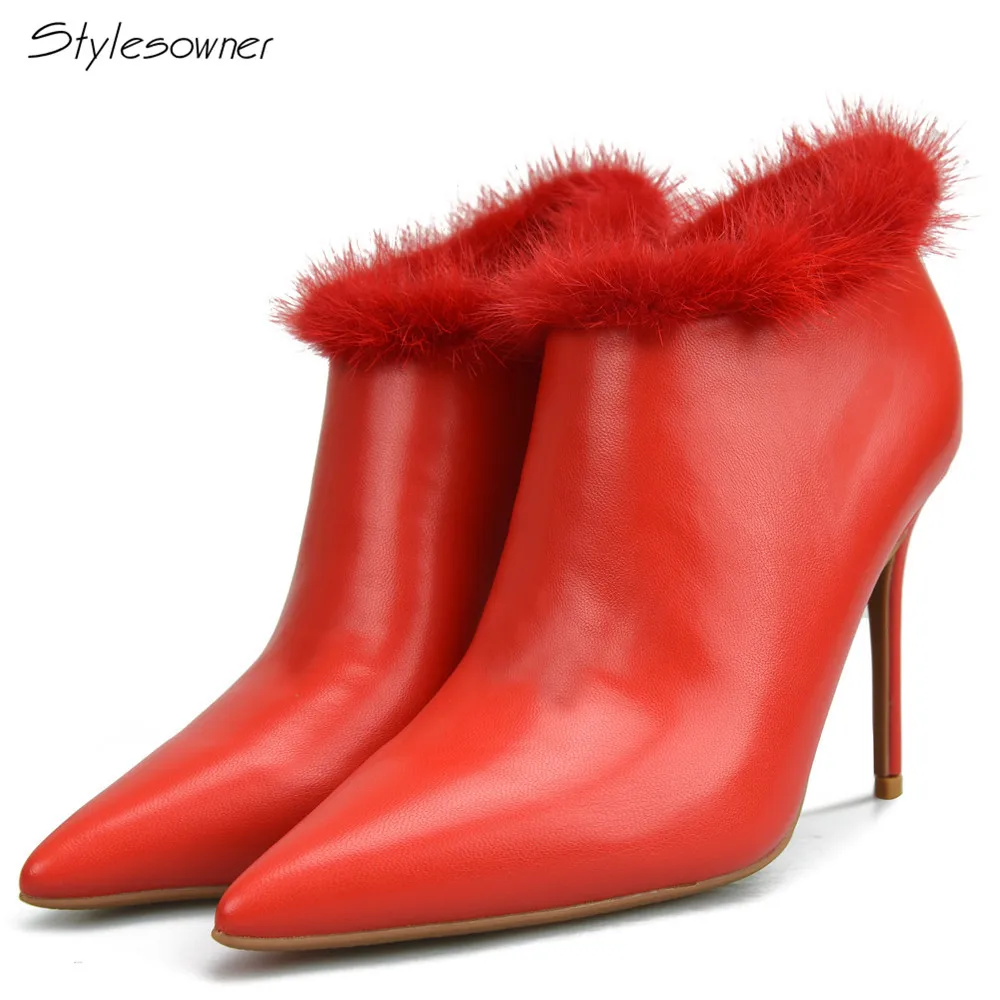 

Stylesowner 2018 Luxury Top Quality High Heels Woman Short Boots 10/8cm Side Zipper Thin Heels with Plush Pointed Toe Ankle Boot