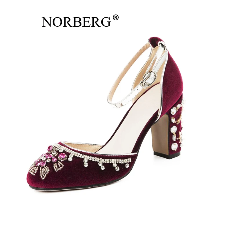NORBERG/Туфли Мэри Джейн с цветком из кристаллов; женские свадебные туфли ручной работы на высоком каблуке со стразами; Xi Shi; бархатная женская обувь - Цвет: Красный