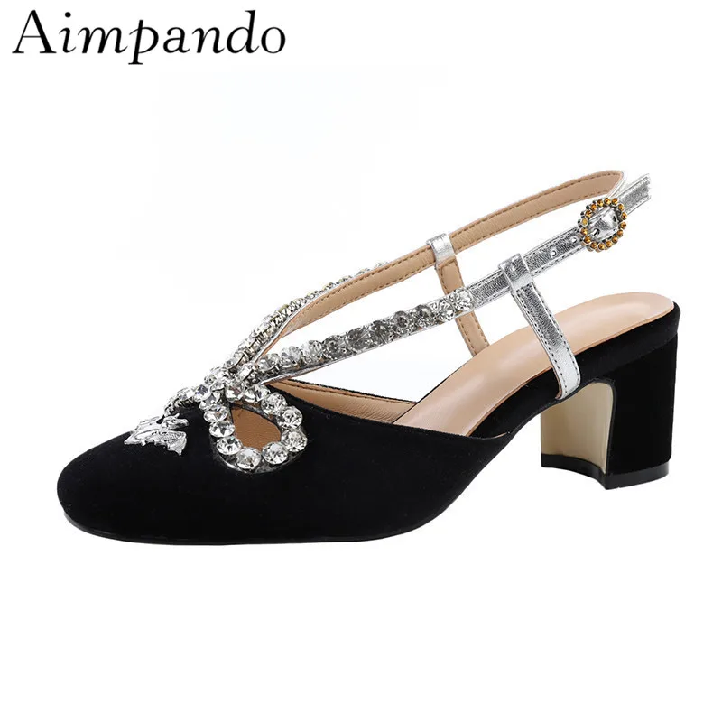

Newest 2019 Jewelled Butterfly-knot Gladiator Sandals Women Med Square Heel Round Toe Velvet Back Strap Metal Decor Sandalias