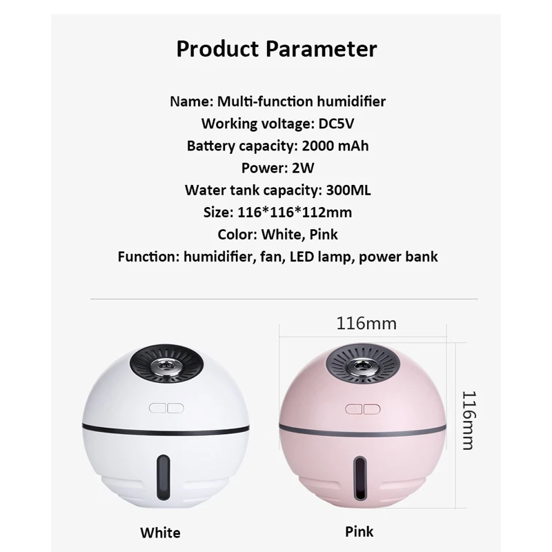 

4 in 1 Air Humidifier Rechargeable 2000mA built-in Lithium Battery Mini Ultrasonic Aroma Humidifier Diffuser with LED Light Fan