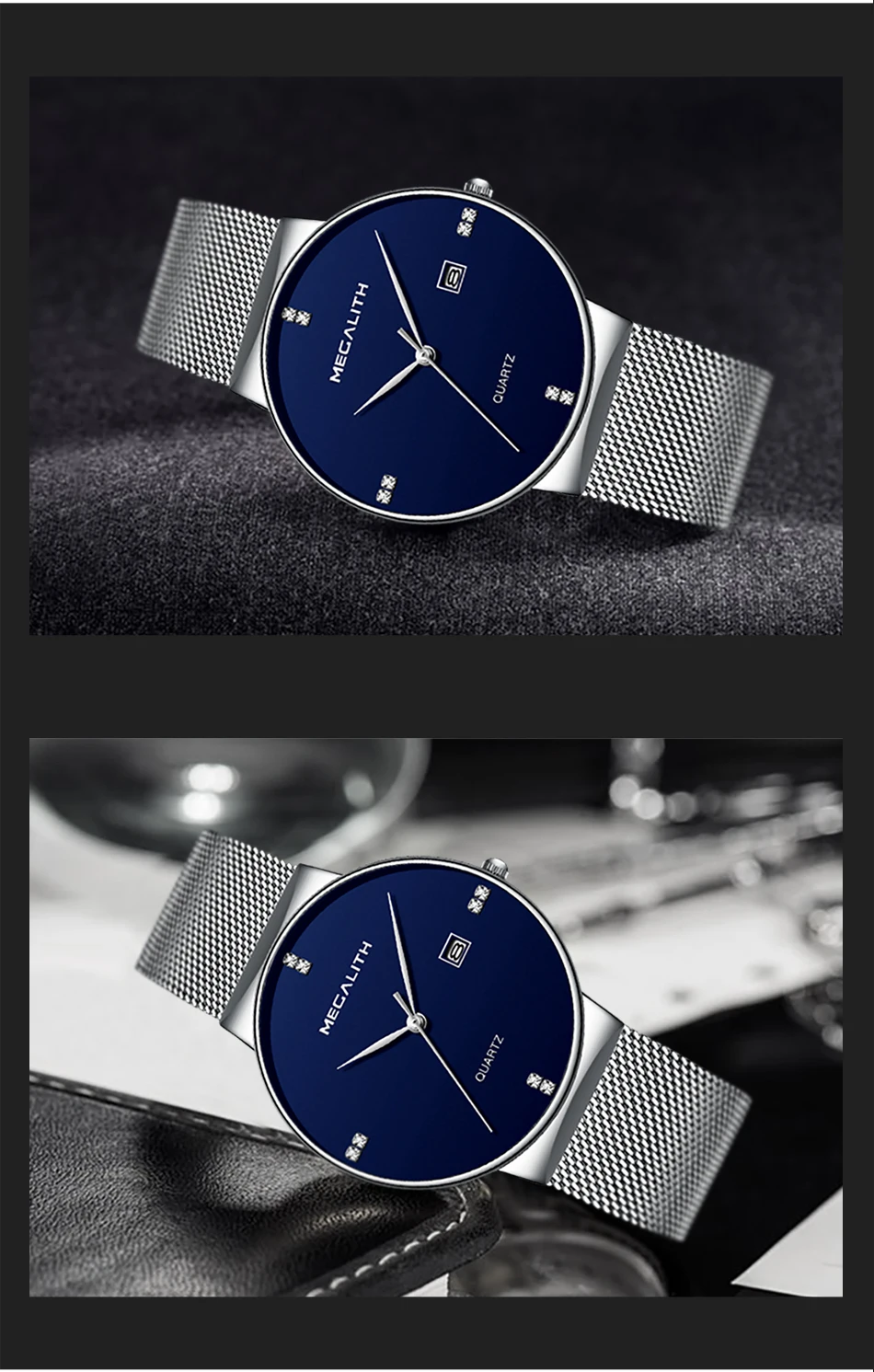 MEGALITH Бредовые кварцевые наручные мужские часы с ультратонким корпусом лаконичного дизайна, с датой на циферблате. Водонепроницаемые