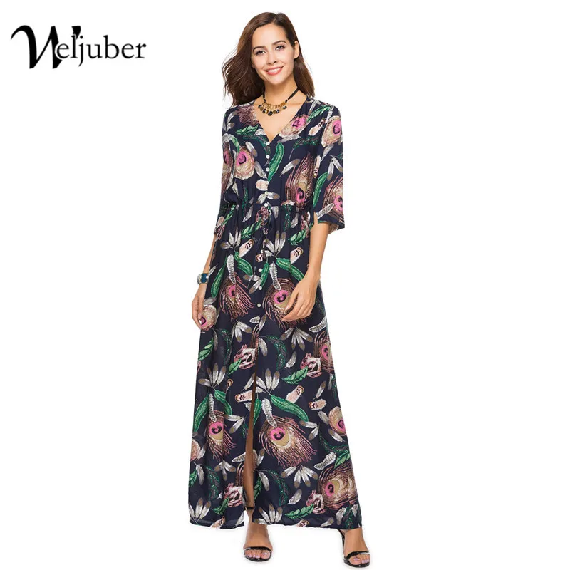 Weljuber Для женщин богемный Разделение платье 2018 Boho Макси платья Цветочный принт пляжные свободные Винтаж высокое качество длинное платье