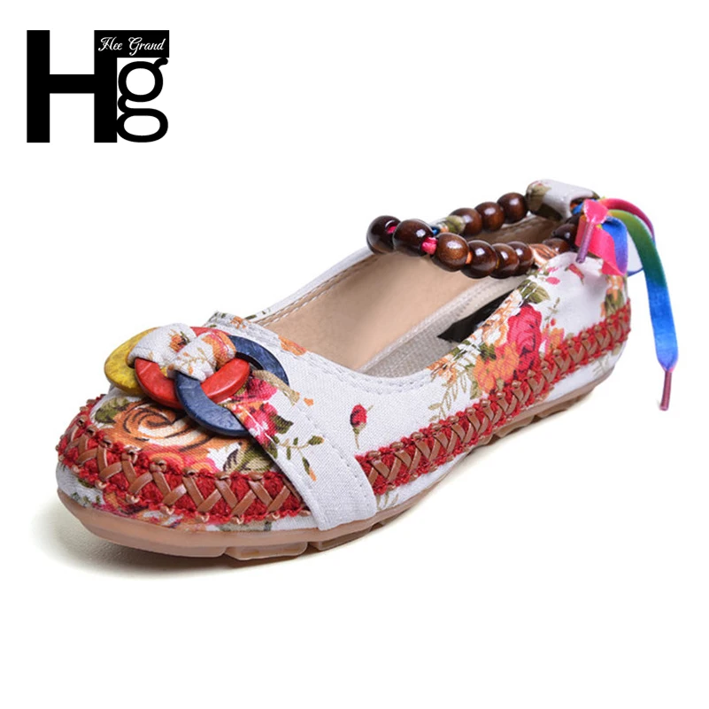 

HEE GRAND Plus Size 35-42 Traditional Women Casual Shoes Vintage Fabric Unique Design Ankle Beading Slip-on Loafers XWD5582