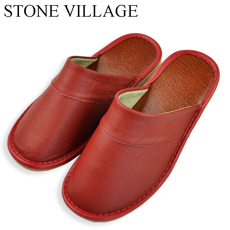 STONE VILLAGE Genuine Leather Home Slippers Women Slippers Indoor Shoes ...