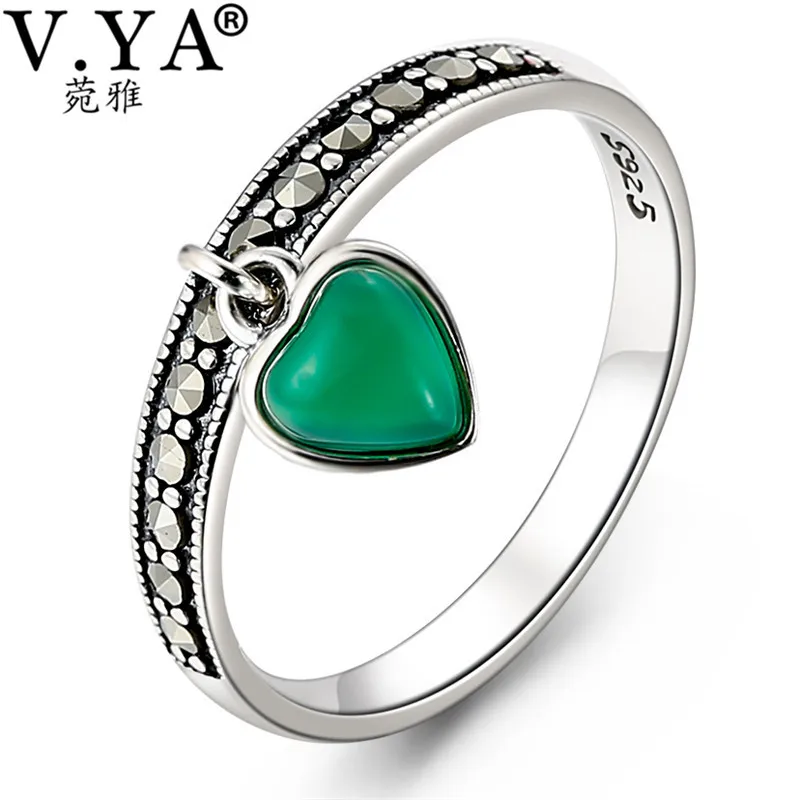 

V.YA Natural Green Stone Rings 925 Silver Heart Charm Ring 100% S925 Solid Sterling Silver Rings for Women Men Vintage Jewelry