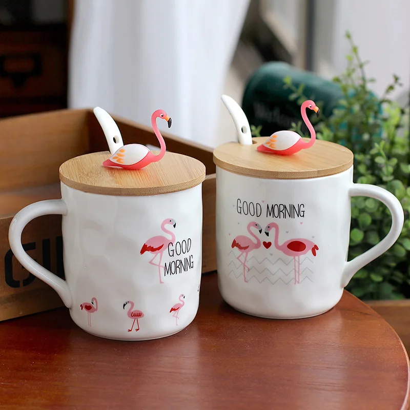 Unibird 3D Мультяшные Фламинго керамические молочные кофейные кружки с ложкой и деревянной крышкой 400 мл милые фарфоровые чайные чашки подарок для девочек