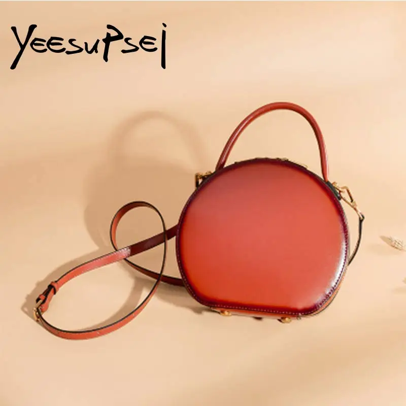 

YeeSupSei Women Genuine Leather Handbag Female Vintage Mini Totes Ladies Circular Zipper Shoulder Bag Women Shopping Handbag
