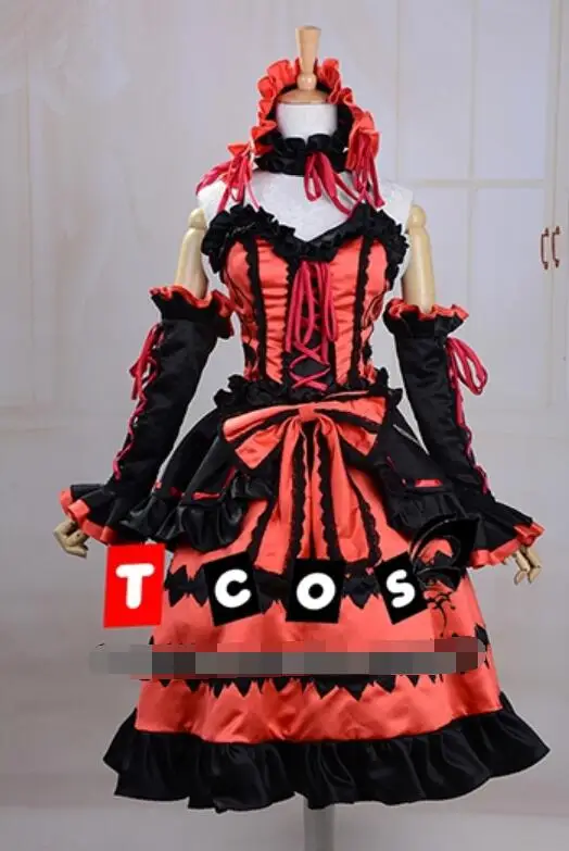 Популярный костюм Cos Tokisaki Kurumi, косплей аниме, дата, живой косплей, полный комплект на Хэллоуин, 4 в 1(платья+ головной убор+ украшение на шею+ Бант-кН