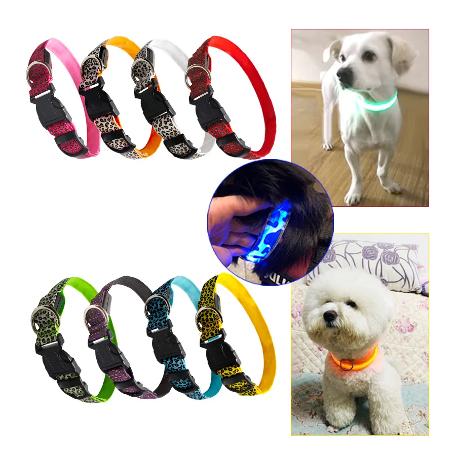 

LED Light Pet Collar Leopard Flashing Pet Band Luminous Collar Adjustable Colorful Comfortable Night Safety Nylon Dog Collar