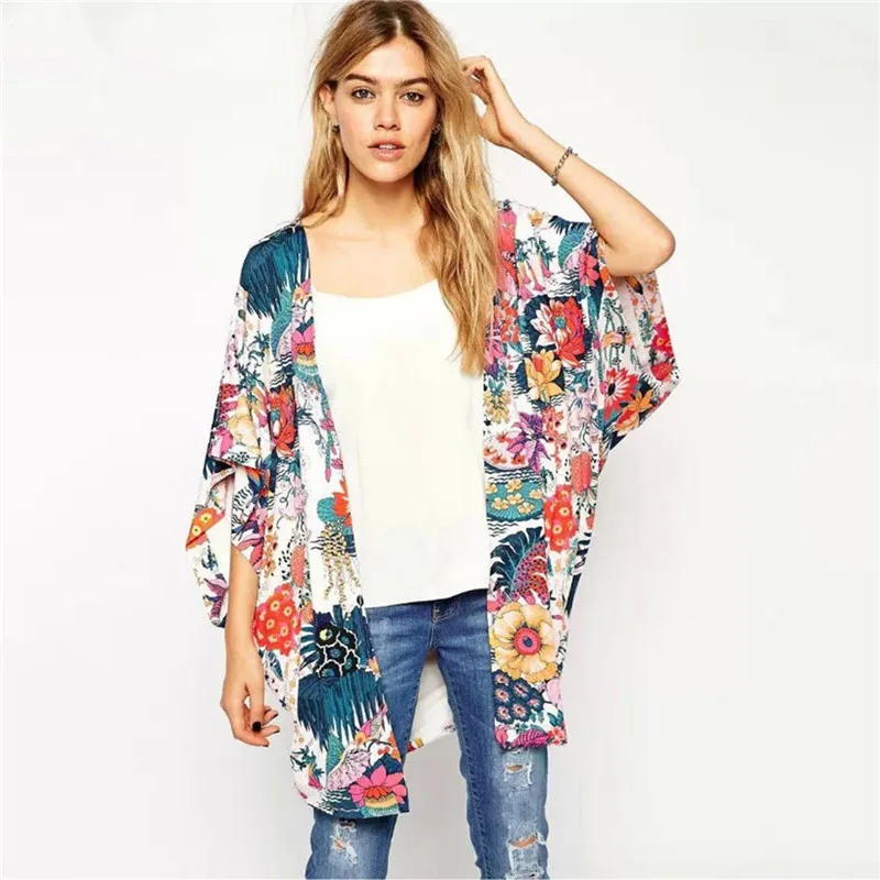 

Chiffion Boho Women Blouse Floral Print Beach Shawl Kimono Cardigan Shirts Casual Loose Half Sleeve Tops Long Blusa Clothing