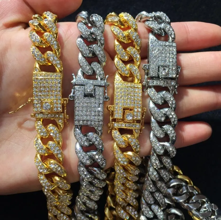 

Men Hip hop Iced Out Bling Full Pave Rhinstones chain Necklace fashion CZ Miami Cuban chains necklaces Hiphop for unisex jewelry