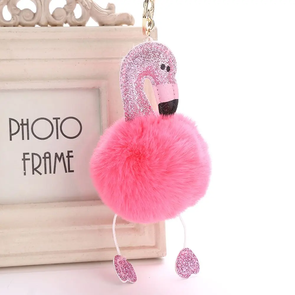 

1Pc Pompom Fluffy Cartoon Flamingo Plush Keychain Handbag Car Keyring Women Key Buckle Key Chains Jewelry Artificial Faux Fur