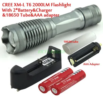 XM-L T6 2000 Lumens 5 Mode LED Zoom Flashlight T6 Light (3 *AAA / 1 *18650)+ 2*4000 Mah Batteries & charger
XM-L T6 2000 Lumens 5 Mode LED Zoom Flashlight T6 Light (3 *AAA / 1 *18650)+ 2*4000 Mah Batteries & charger
