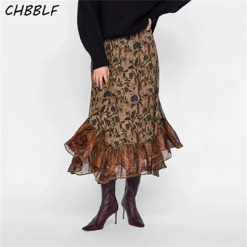 CHBBLF женская шифоновая Макси-юбка с цветочным принтом комплект пуловер+ кожаная юбка ретро-юбки BGB8482