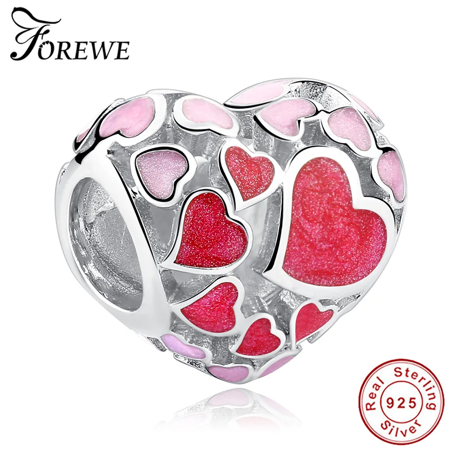 

FOREWE 925 Sterling Silver Red Pink Heart Enamel beads Fit Original Pandora Charms 925 Silver DIY Bracelet Jewelry making