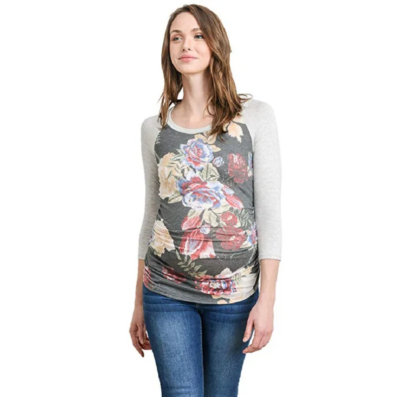 

2018 Fashion Spring Breastfeeding Tops Modal Pregnancy Thickening Embroidered Maternity Clothing Print Patchwork T-shirt Wearing