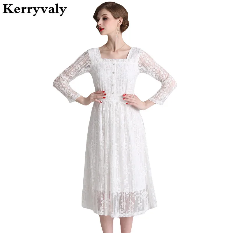

Spring Women Retro White Lace Dress Vestidos Verano 2019 Elegant Vintage Princess Midi Party Dress Sukienki Damskie K6356