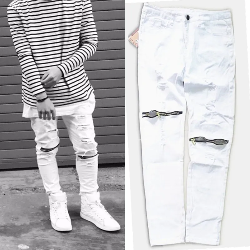

NEW new ripped jeans for men skinny Distressed slim famous brand designer biker hip hop zipper white black slim fit jeans
