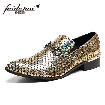 

Plus Size Pointed Toe Slip on Man Glitter Punk Loafers Luxury Genuine Leather Studded Wedding Party Men's Runway Shoes SL31
