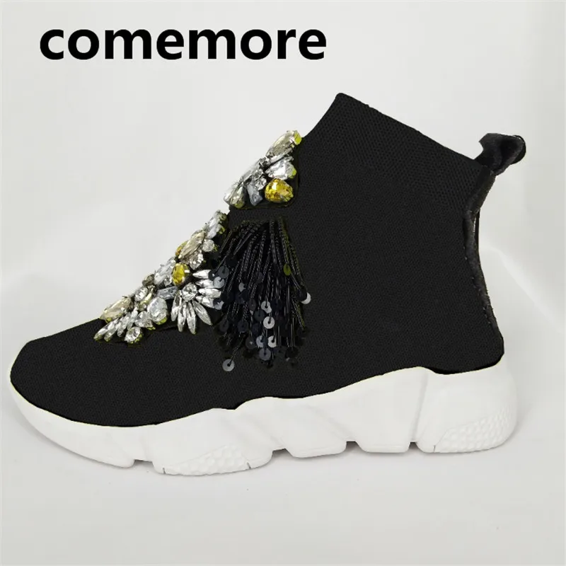 

Outdoor soft bottom spring flat sports women's flash diamond crystal sports fringed ankle boots girls flying woven shoes