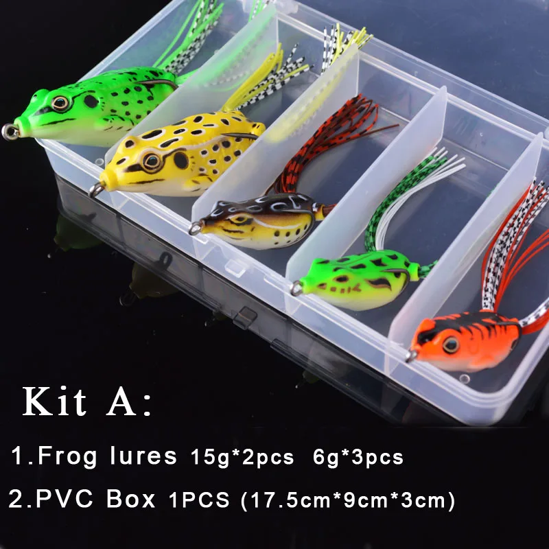 TOMA 5 piezas Rana Señuelos de pesca Kit 6g 15g de serpiente atraer Topwater flotante Rana cebos con caja de pesca isca Artificial