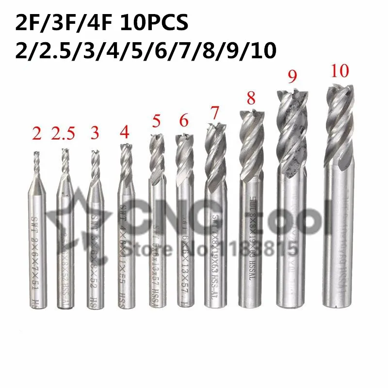 

New 10pcs/set HSS End Mill 2/3/4 Blades Flute CNC Tools Diameter 2mm-10mm Flute Milling Cutter Router Bit CNC mill Drill Bit