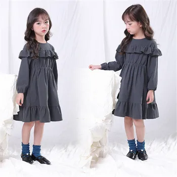 

2019 spring European and American girls ruffled solid dresses children's lanter sleeve dress princess dress pleated dresses