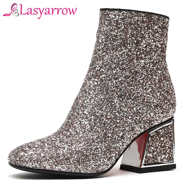 

Lasyarrow Women Boots Shoes Women High Heels Ankle Boots Zipper Square Toe Glitter Martin Boots Ladies Shoes Black Gold Size 42