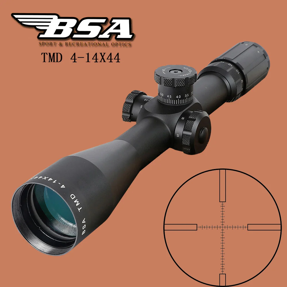 BSA TMD 4 14X44 FFP Hunting Riflescope First Focal Plane Glass Mil Dot Reticle Tactical Optics