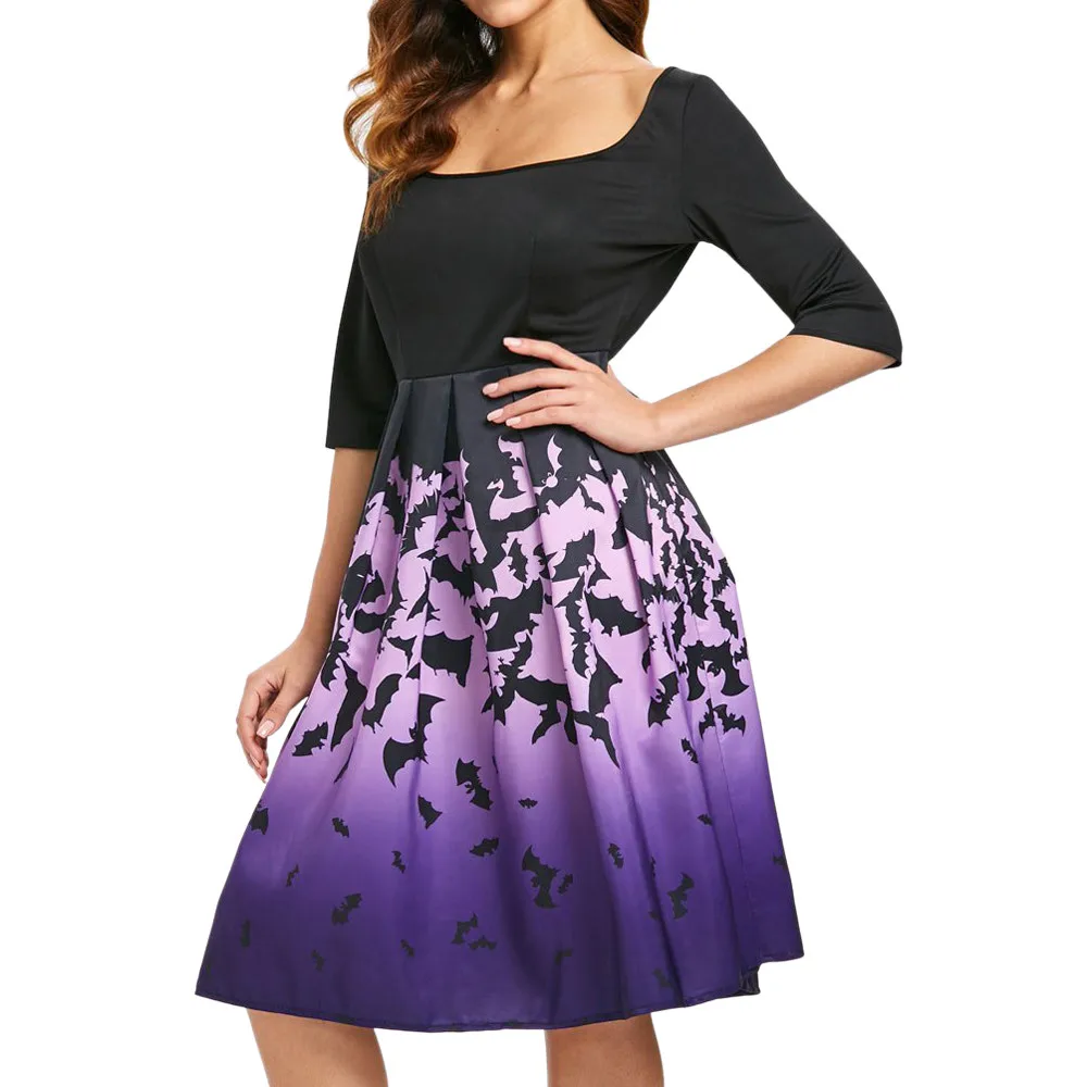 

Dress Women Fashion Party Dress Womens Halloween Half Sleeve Draped Hollow Out Bats Printed Midi Vintage Dress