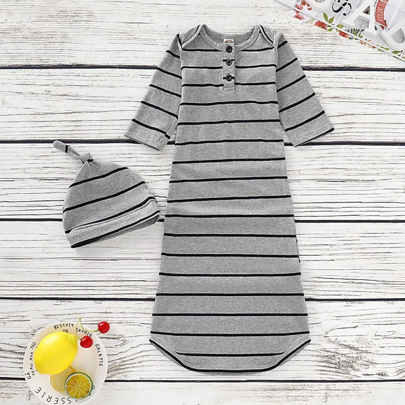 

2Pcs/Set Autumn Baby Long Sleeve Rompers Cotton Striped Print Sleepwear Outfits+Headband Newborn Sleeping Bag Set