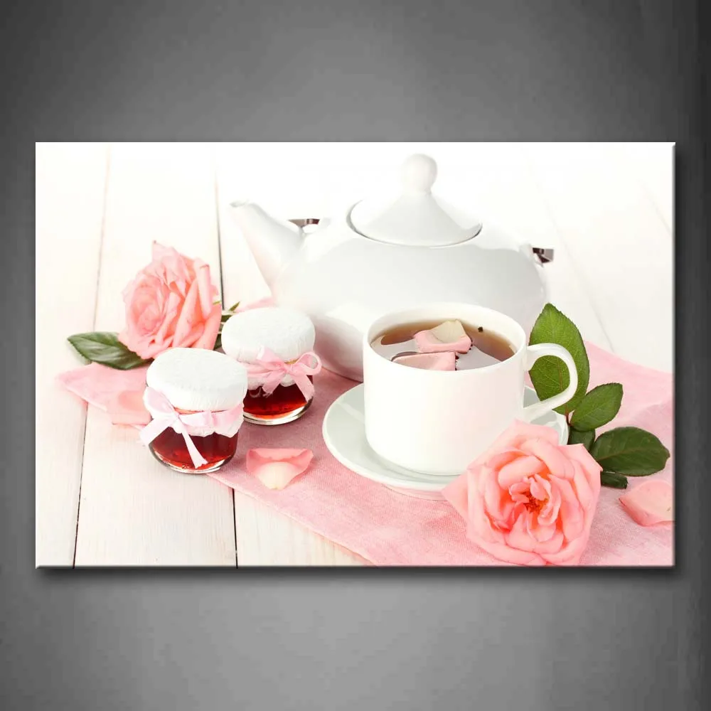 

Framed Wall Art Pictures Tea Cup Teapot Roses Canvas Print Food Modern Posters With Wooden Frames For Living Room Decor