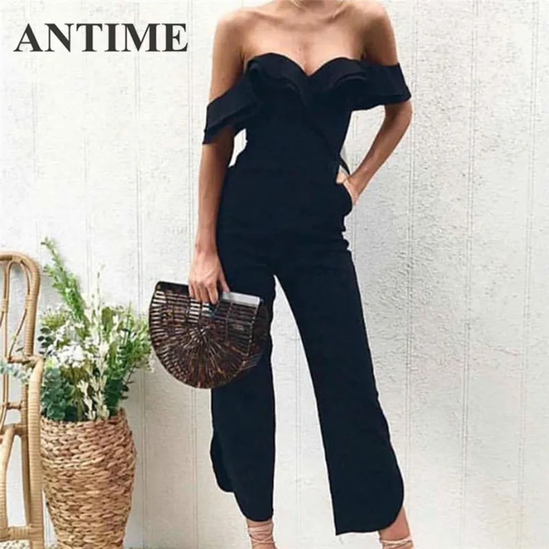 

ANTIME Black Pockets Sleeveless Off Shoulder Women Casual Rompers High Street Deep V Neck Sexy Elegant Stylish New Jumpsuit