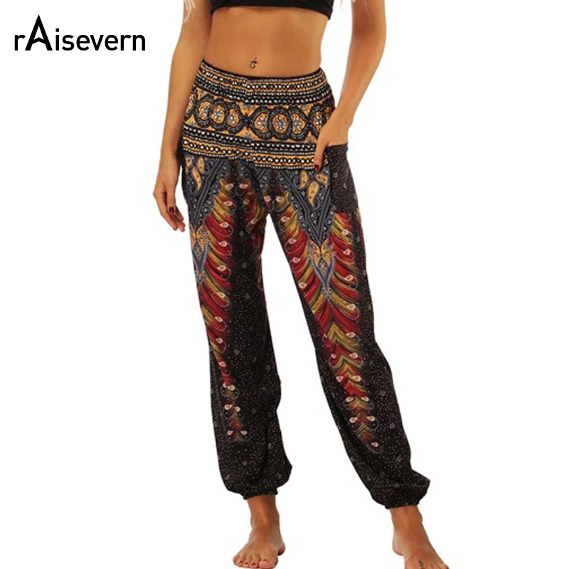 Raisevern Vintage imprimer femmes pantalons décontractés 2019 été Boho plage élastique taille haute en mousseline de soie pantalon sport pantalon livraison directe