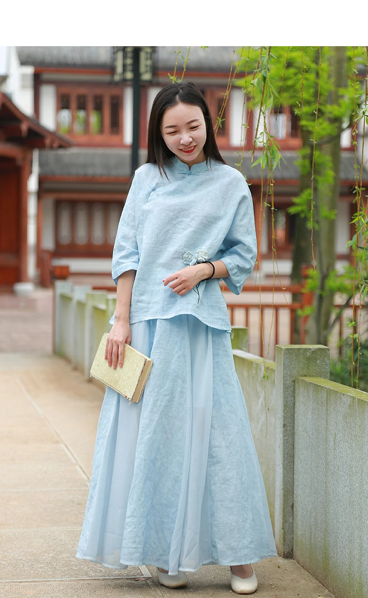 LZJN Original 2019 Ethnic Linen Skirt Elastic Waistband Long Women A-Line Pleated Skirts Beach Boho Vintage Summer Skirts Faldas (15)
