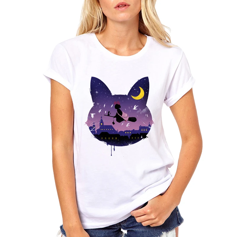 

Retro Style T shirt Women Midnight Cat Stroll Anime Sailor Moon White Tshirt Luna Cat Ear Cartoon Print Casual Top harajuku Tee