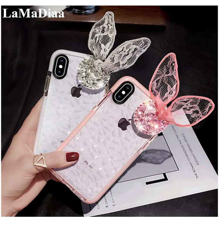 

LaMaDiaa 3D Diamond Lace Rabbit Ear Bracket Phone Case For iPhone X XR Xs Max 6 7 8 11 Plus Case For Samsung S8 S9 S10 Plus Case
