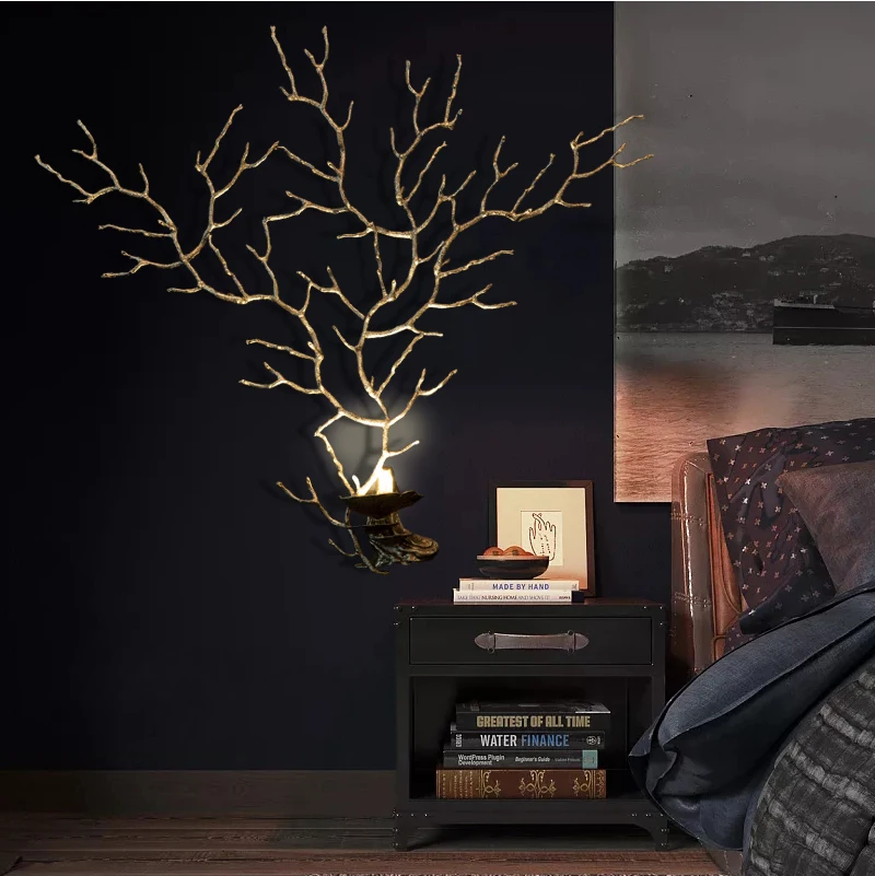 

Phube Lighting Artistic Copper Branches Wall Lamp Antlers Wall Light Villa Hotel Club Bedroom Bedside Wall Lamp Copper Sconce