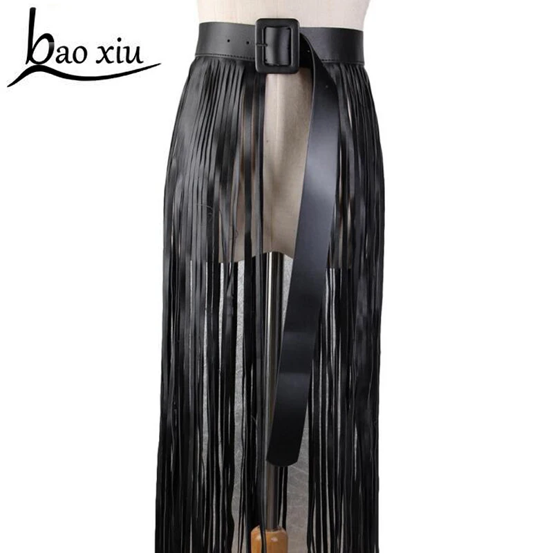 2018 Long tassel Boho Fringe wide belt ladies personality leather black