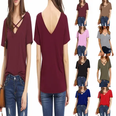 

2017 Summer Fashion Bandage Sexy V Neck Criss Cross Top Casual Lady Female T-shirt Girl Lady Tees Tshirt 10 Colors Plus Size 4XL