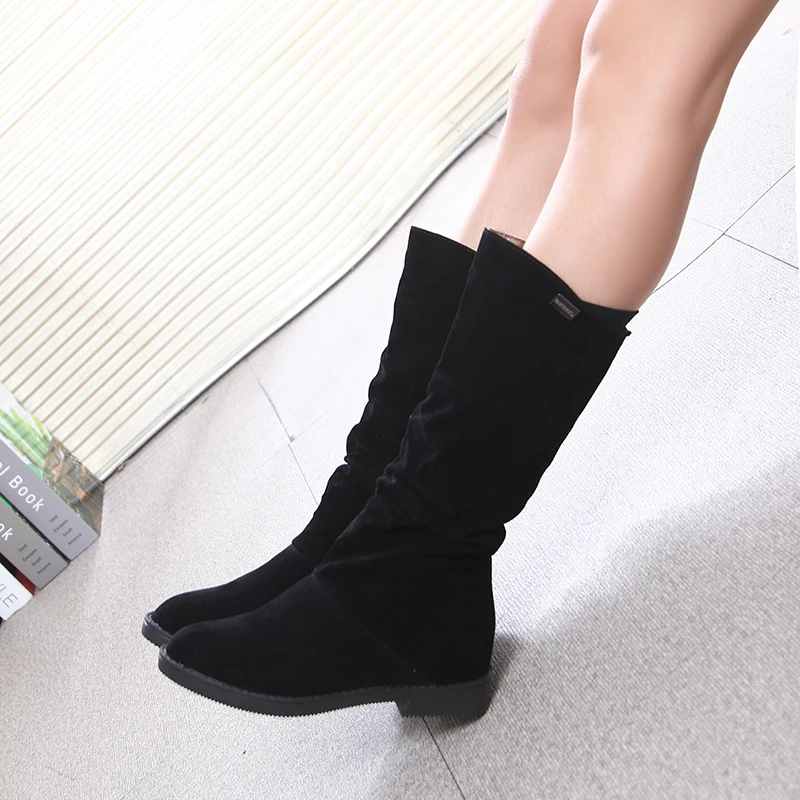 Autumn Winter Women's Boots Matte Flock Boots For Female Ladies Height Increased Low Heel Shoes Woman Mid Calf High Boots