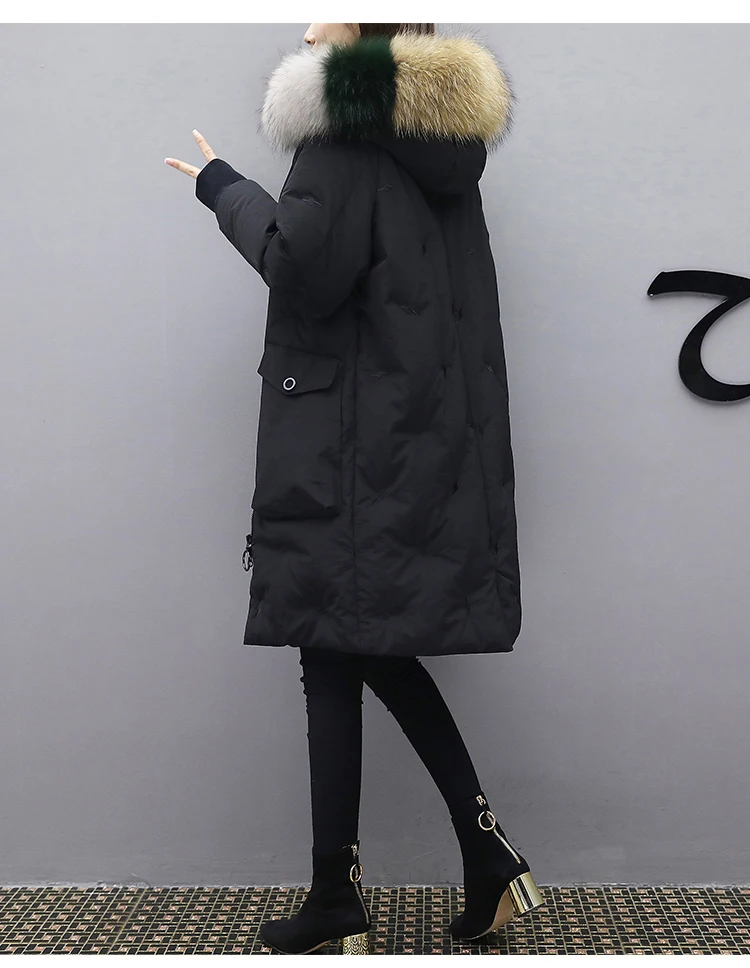 Пальто с гусиным пером, пуховик для женщин, парка с капюшоном, Воротник из натурального меха, тонкая теплая верхняя одежда на утином пуху,, толстое корейское пальто OKD731
