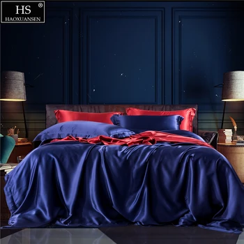 

Mulberry Silk 4 Pcs Bedding Sets With Hidden Button Both Side 19 MM Silk Sheet Quilt cover Pillow case King Size Navy Blue