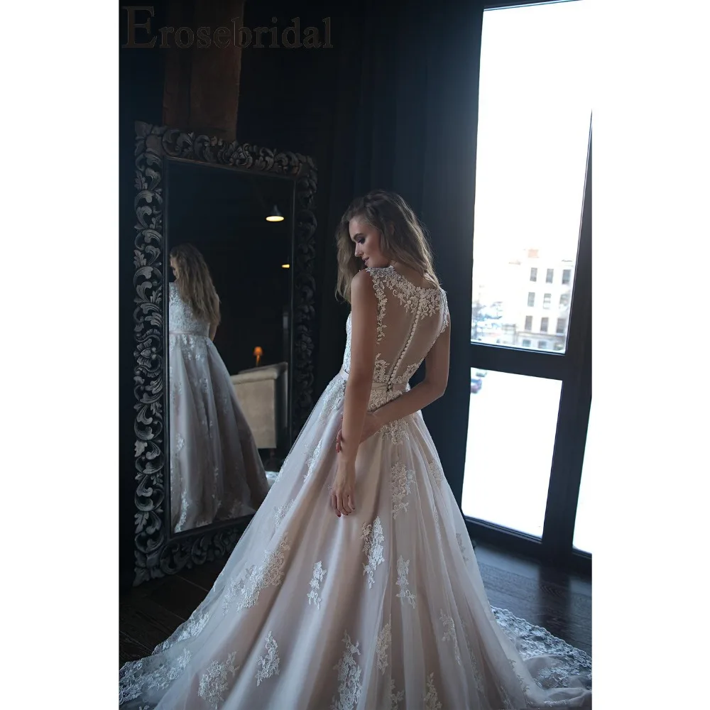 Erosebridal цвет смешивания свадебное платье трапециевидной формы кружева свадебное платье с пуговицами сзади длинный Часовня Поезд Vestido De Noiva